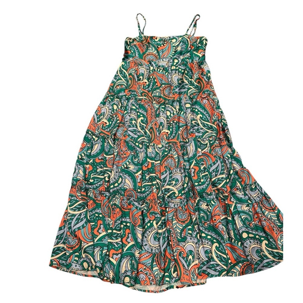 TCEC Paisley Spaghetti Strap Dress Boho Colorful Silky Maximalist Sz L